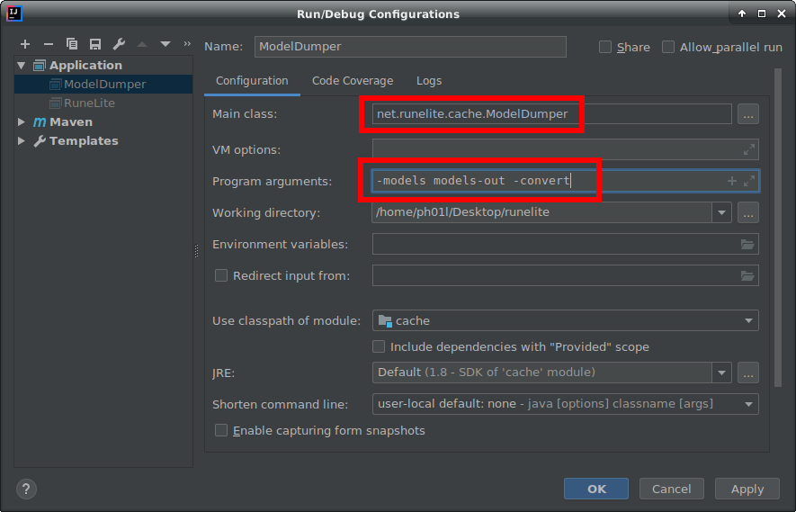 The IntelliJ edit configurations interface with ModelDumper program arguments