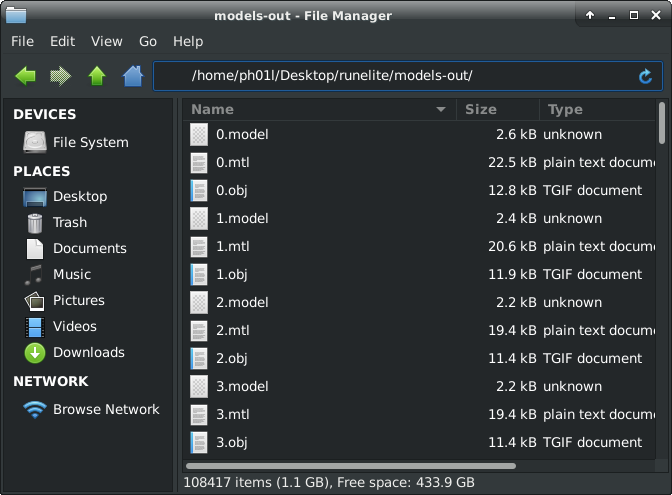 Example output from the ModelDumper program in the Thunar file manager