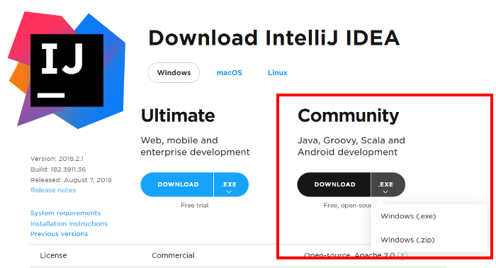 Download page for IntelliJ IDEA