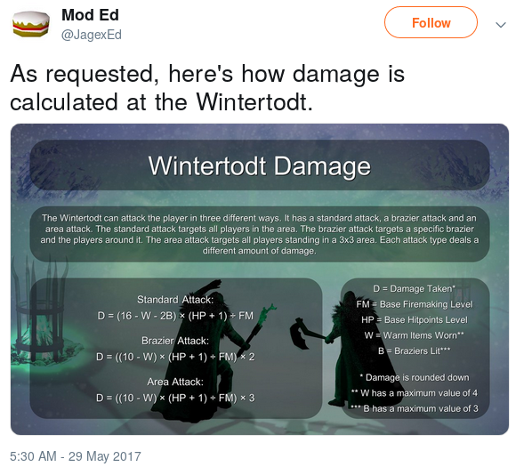 Tweet from Mod Ed outlining the Wintertodt Damage Formulas for the three different attacks.