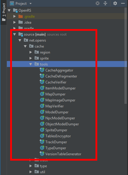 IntelliJ project pane highlighting OpenRS tools