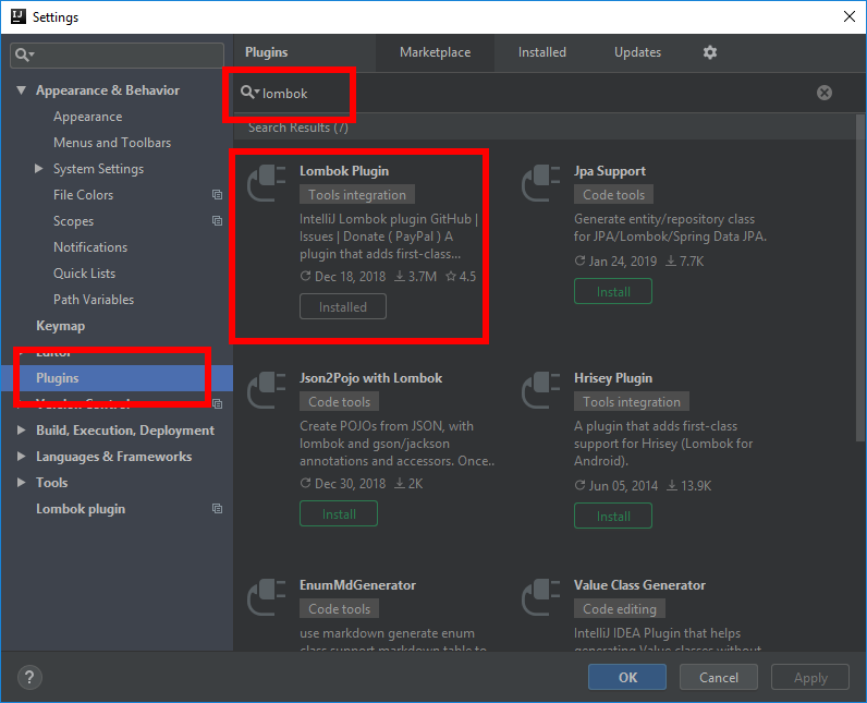 IntelliJ IDEA Lombok plugin installation method