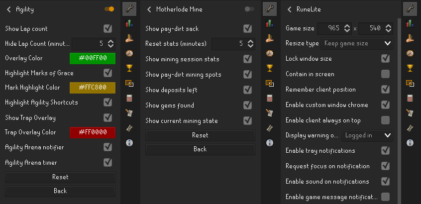 Example configuration menus for RuneLite plugins